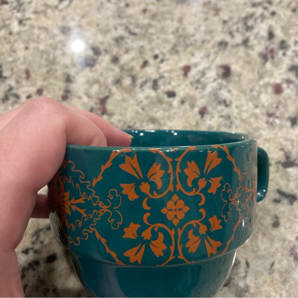 World Market Set of 6 coffee cups with metal holder **1 glued back* Holder Rustd - Picture 11 of 16